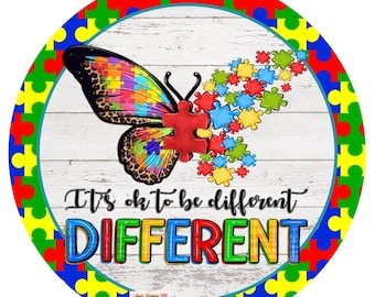Round metal wreath sign, infinity autism puzzle pieces wreath center, butterfly