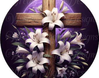 He is Risen Easter Wreath Sign: Purple Floral Cross Metal Attachment