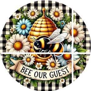Sea nuestro invitado, letrero de corona de metal redondo con forma de panal de abejas, letrero negro y amarillo, centro de corona, accesorio, placa