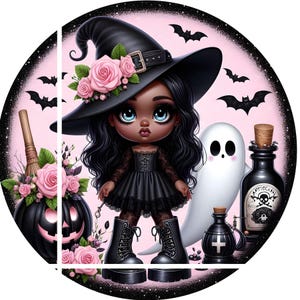 round metal wreath sign, whimsical African American, Melanin, witch with ghost Halloween wreath sign, center, attachment