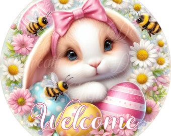 Welcome Easter Bunny and bumble Bee wreath sign, Bees, daisies and Easter bunny wreath center, attachment, plaque