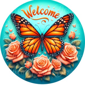 Monarch Butterfly & Roses Metal Wreath Sign - Welcome Spring Decor