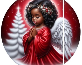 round metal sublimation wreath sign, Christmas, African American, Black  Angel, Melanin angel