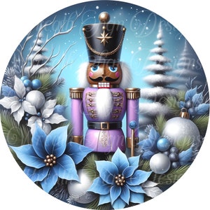 lavender nutcracker round metal wreath sign, toy soldier sign, wooden toy soldier wreath center, wreath attachment, plaque