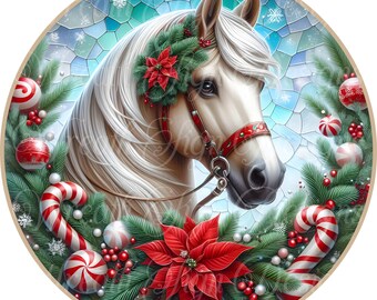 Faux Stained Glass Christmas Horse Sign: Metal Wreath Center