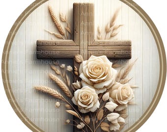 Religious Cross & Roses Metal Wreath Sign: Christian Centerpiece