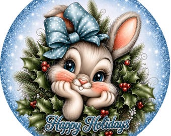 Happy Holidays Bunny Rabbit Christmas metal wreath sign, Christmas Decor, Holiday bunny decor