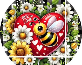 Valentine Bumble Bee Metal Sign: Love Rose Wreath Center