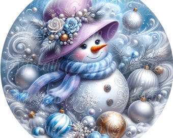 May include: A white snowman wearing a purple hat with blue and white flowers and a blue and white striped scarf. The snowman is surrounded by silver and blue ornaments and snowflakes.