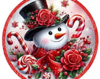 Winter Rose Snowman Sign: Red & White Christmas Wreath Center