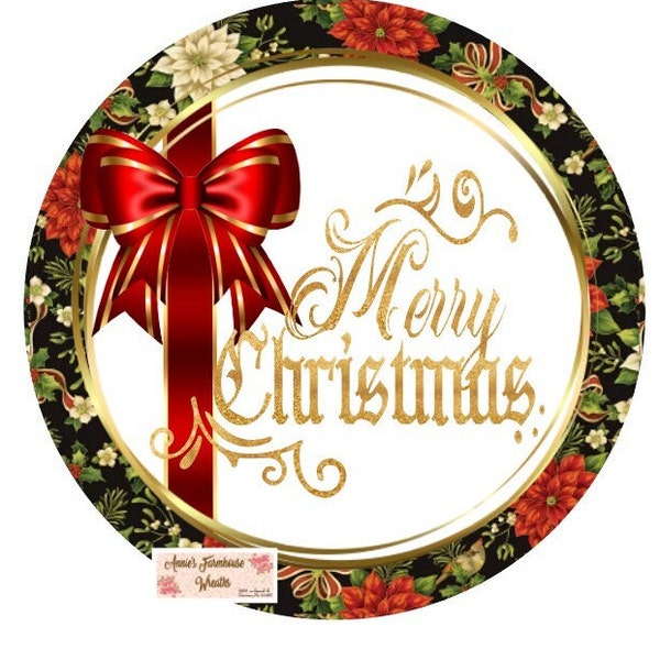 Round metal sublimated wreath sign, Merry Christmas welcome sign, green and red poinsettia