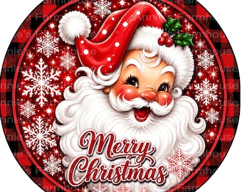 Red Merry Christmas Santa Wreath Sign: Round Metal Christmas Decor