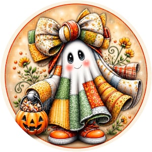 May include: A circular illustration of a white ghost character wearing a large patchwork bow and a patchwork cloak made of various orange, yellow, and green floral and plaid fabrics. The ghost holds an orange jack-o'-lantern bucket and wears orange sneakers.