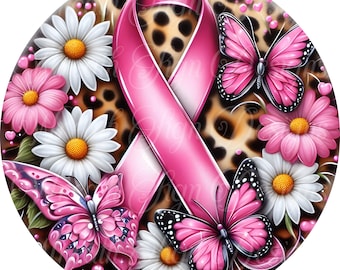 Butterfly Breast Cancer Awareness Wreath Sign: Pink Ribbon Metal Art