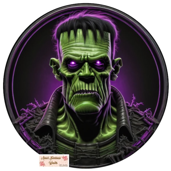 Spooky Neon purple Frankenstein Halloween Round metal wreath sign, Center, Attachment, Green Monster sublimated sign