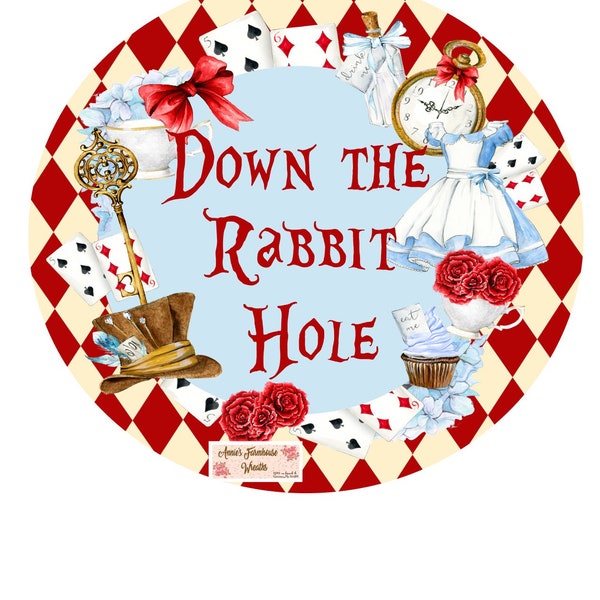 Down the Rabbit hole round metal wreath sign, Ace of Hearts sign, Eat me drink me wreath sign, wreath center, wreath attachment