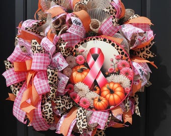 Breast Cancer Awareness Wreath: Pink Ribbon, Pumpkins, Fall Decor