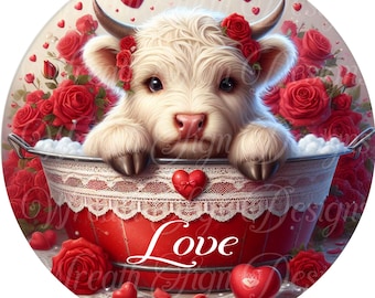 Valentine's Highland Cow Wreath Sign: Hearts & Roses Farmhouse Plaque