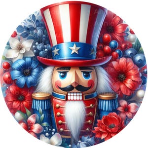 May include: A patriotic illustration of a nutcracker soldier wearing a red, white, and blue top hat adorned with stars. The nutcracker is surrounded by red, white, and blue flowers and berries, creating a festive and decorative design.