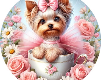 Yorkie dog in a tea cup sign for wreath, Yorkie dog wearing a tutu metal sign  spring time Round sign, Wreath attachment, Wreath center,