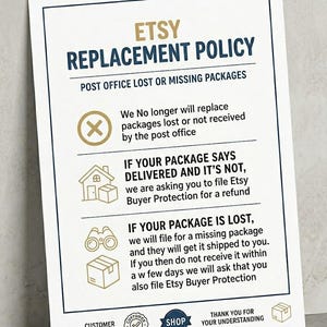 Puede incluir: Un cartel informativo blanco con texto en azul oscuro y dorado titulado Etsy Replacement Policy. Describe los procedimientos para paquetes perdidos, incluyendo instrucciones para Etsy Buyer Protection, con iconos de una X, casa y binoculares.