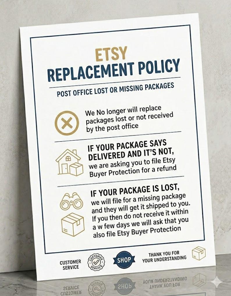 Puede incluir: Un cartel informativo blanco con texto en azul oscuro y dorado titulado Etsy Replacement Policy. Describe los procedimientos para paquetes perdidos, incluyendo instrucciones para Etsy Buyer Protection, con iconos de una X, casa y binoculares.