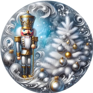 silver and gold nutcracker round metal wreath sign, Nutcracker holiday  sign, Christmas wreath sign, holiday wreath sign, wreath attachment