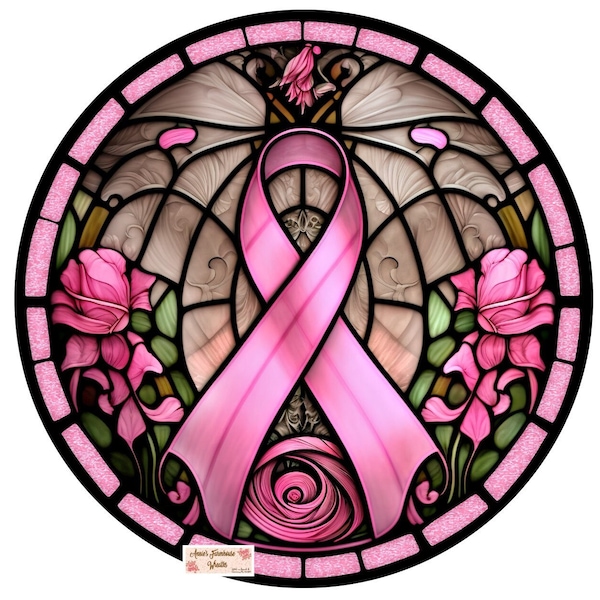 sublimated metal wreath sign, Faux stained glass breast cancer awareness ribbon, pink awareness ribbon