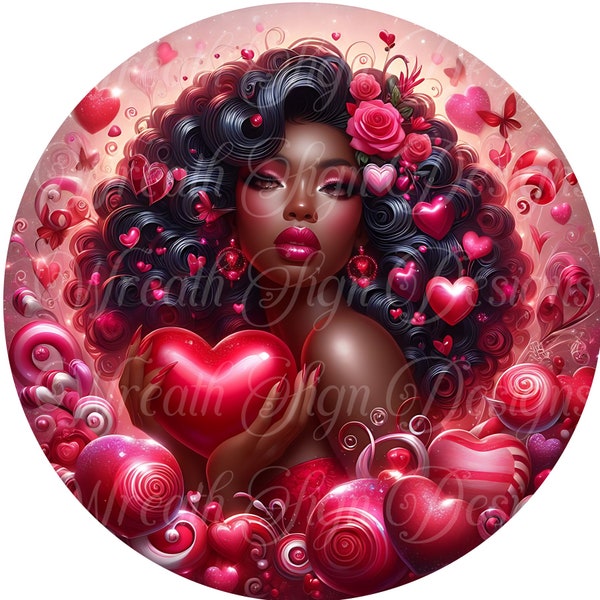 Valentine's Day Diva Queen round metal wreath sign, Proud Black Woman, wreath attachment, wreath center, hearts flowers love