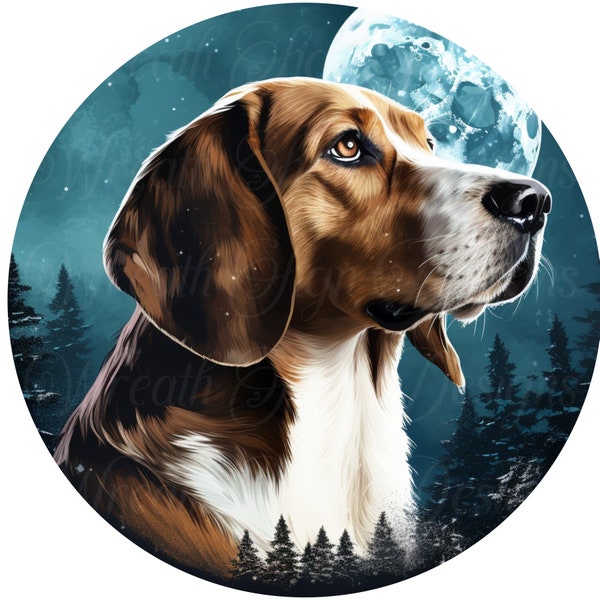 Christmas American Fox Hound  dog sign, Winter dog sign,  Round sign, Wreath attachment, Wreath center, sublimated metal