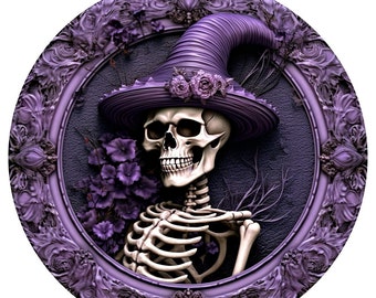 Skeleton Witch Metal Wreath Sign - Gothic Halloween Decor