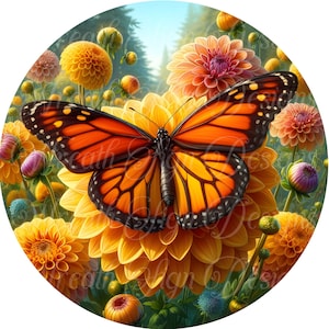 Monarch Butterfly Metal Wreath Sign: Rustic Orange Floral Center