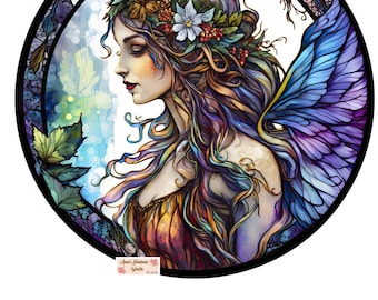 metal wreath sign, mythical fantasy stained glass fairy sublimation round