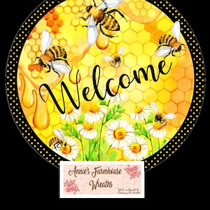 Letrero de corona de metal redondo con forma de panal de abeja de bienvenida, letrero negro y amarillo, centro de corona, accesorio, placa