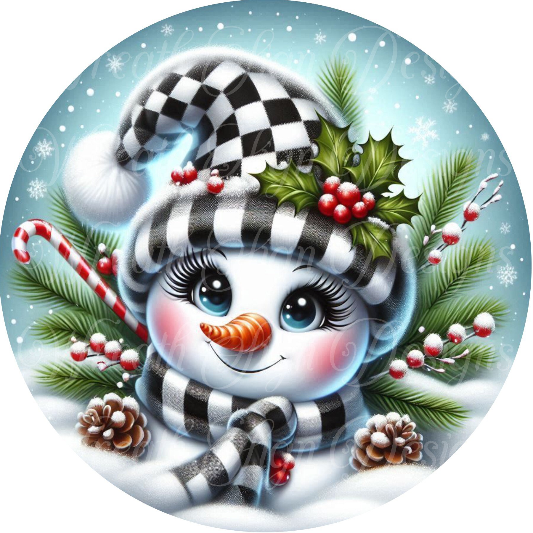 Winter Snowman Sign: Buffalo Check Christmas Wreath Center