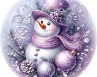 May include: A whimsical snowman illustration in a circular design. The snowman wears a lavender top hat, scarf, and has an orange carrot nose. Decorative elements include pine needles, ornaments, and a pinecone, all in shades of lavender and white.