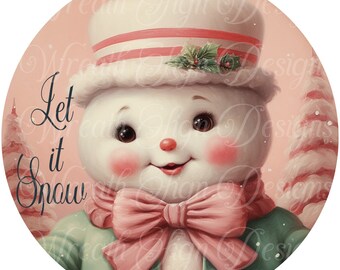 Pastel Snowman Metal Sign: Pink & Green Winter Wreath Center