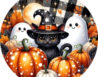 Halloween Wreath Sign: Black Cat, Pumpkins & Ghosts Metal Attachment