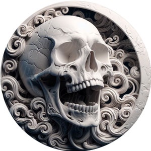 May include: A white skull with an open mouth, carved in a circular frame with swirling, ornate details. The skull is set against a dark background.
