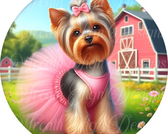 Yorkie dog wearing a tutu metal sign  barnyard Round sign, Wreath attachment, Wreath center,