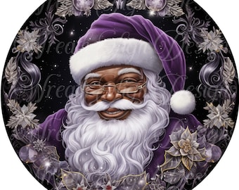 round metal sublimation wreath sign, black Santa Claus, Melanin Santa, purple Christmas sign, center, attachment