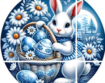 Blue Toile Easter Bunny Wreath Sign: Floral Center Attachment