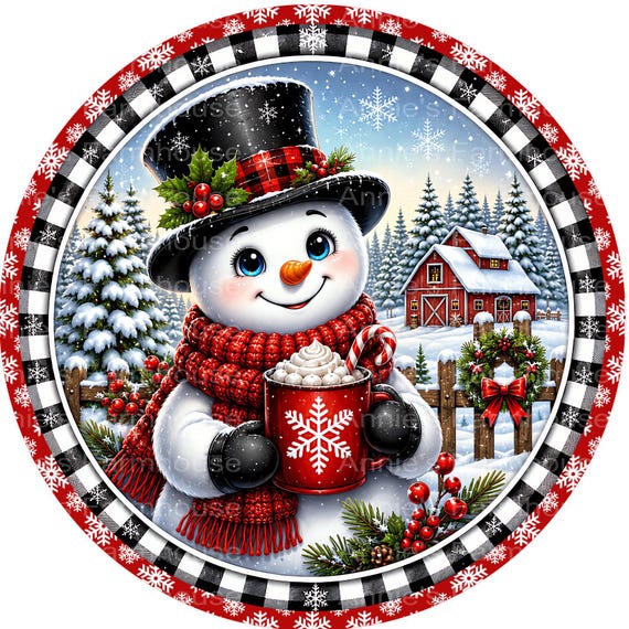 Winter Snowman Round Sign, Cozy Christmas Snowman Decor, Farmhouse Holiday Wreath Sign, Buffalo Plaid Christmas Wall Decor