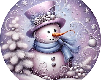May include: A purple and white snowman with a pink top hat and a blue scarf. The snowman is standing in a snowy scene with a white pine tree and white ornaments.