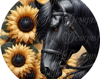 Sunflower and Black Horse Round Wreath Sign: Fall Decor