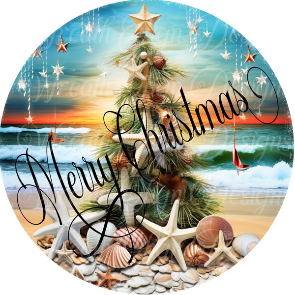 Merry Christmas, Christmas, Coastal Beach, Round metal wreath sign