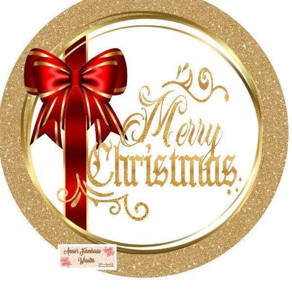 Round metal sublimated wreath sign, Merry Christmas welcome sign, gold and red