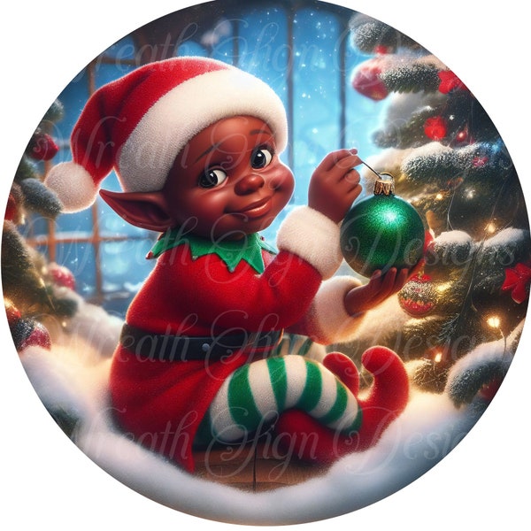 wreath sign, African American. Black Santa's elf round metal sign,  wreath sign, Christmas wreath attachment, plaque