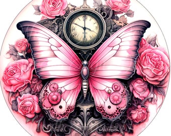 Steampunk Butterfly Metal Sign: Pink Roses & Gears Wreath Attachment