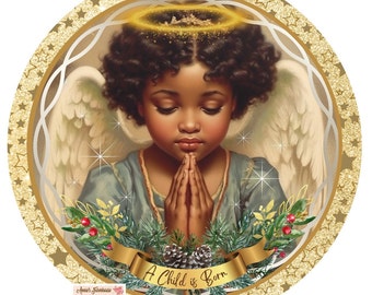 round metal sublimation wreath sign, Christmas, African American, Black Praying Angel, Melanin angel